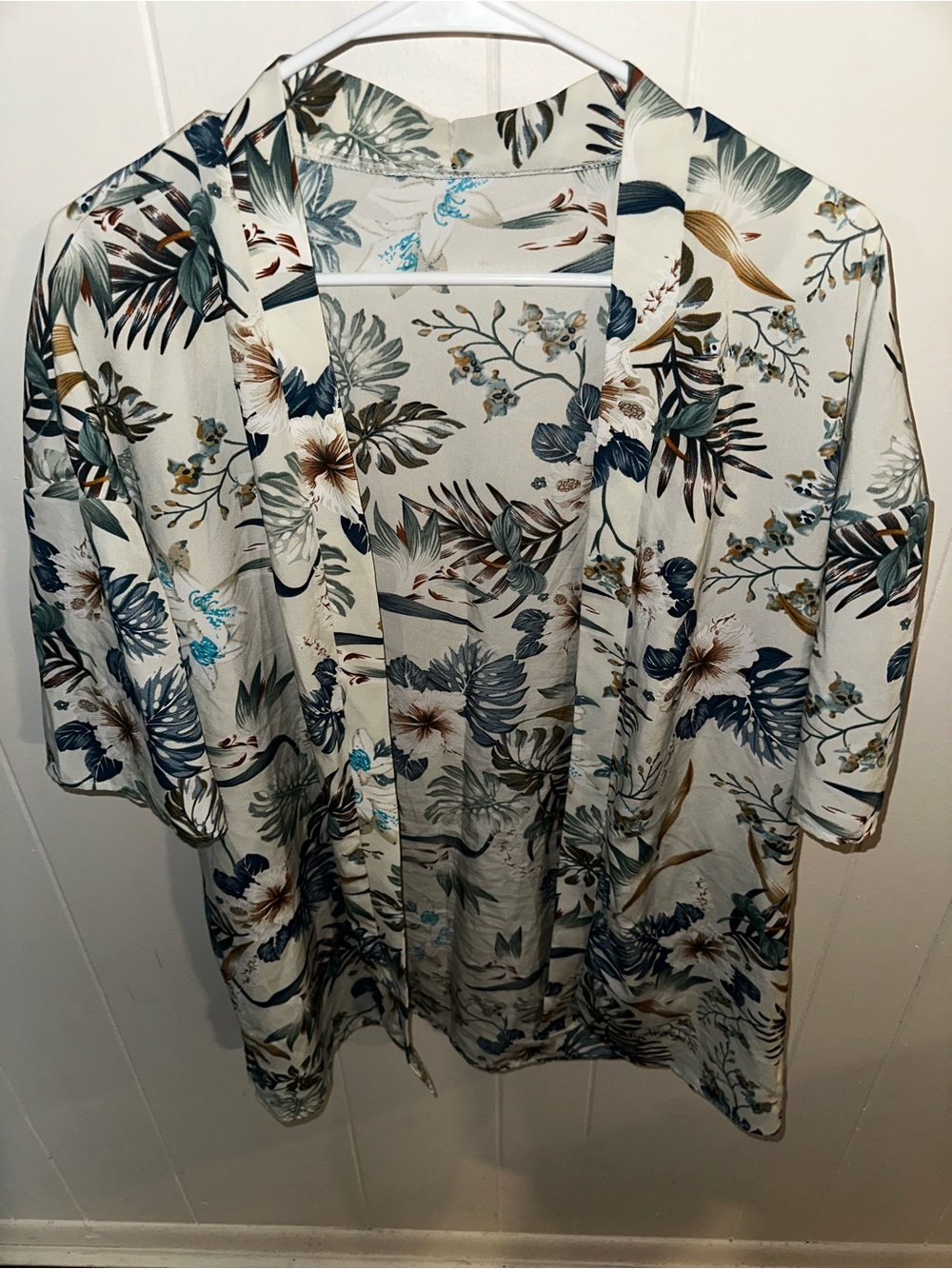 Floral Tropical Kimono Cardigan - Cream Base with Blue & Green Print